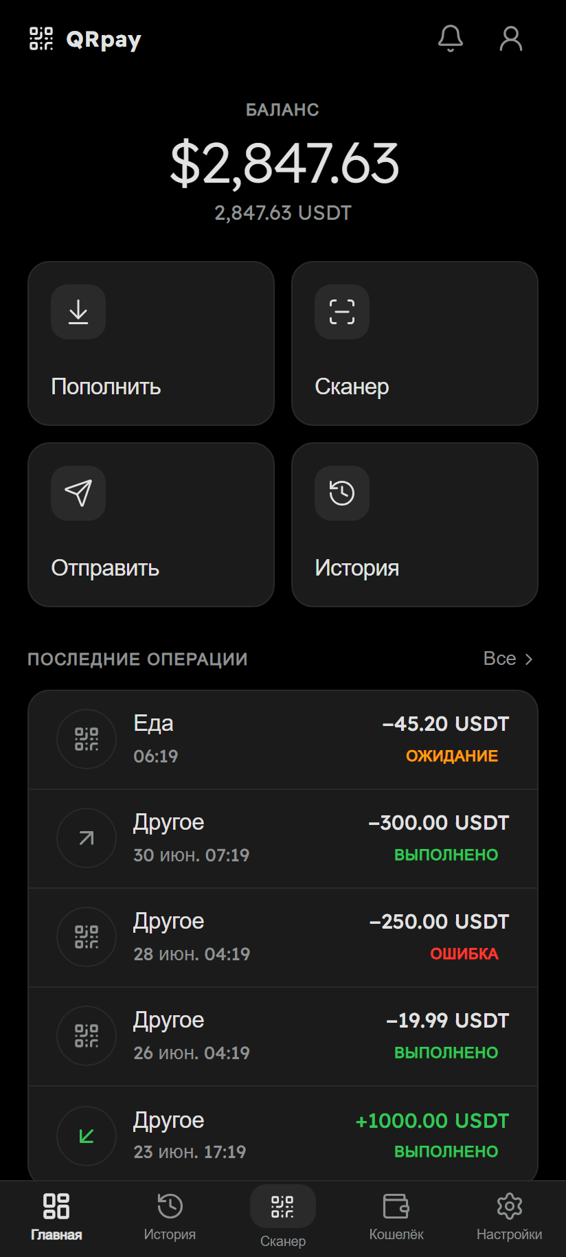 QRpay — главный экран приложения